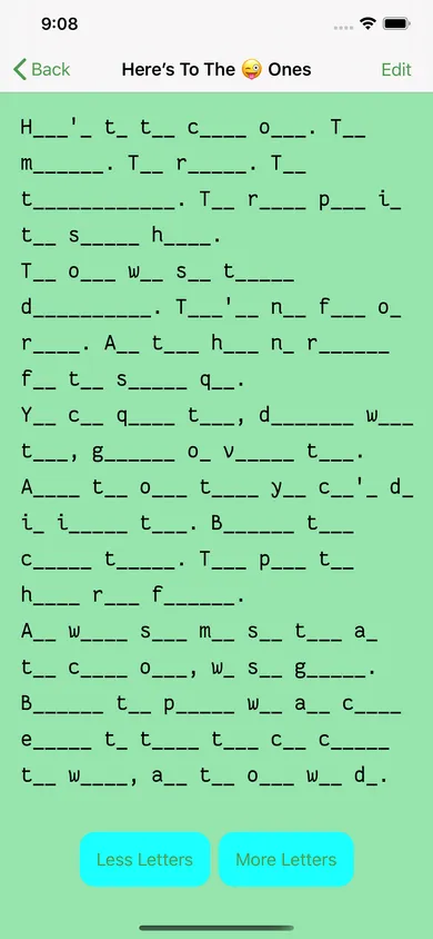 The first letter of each word is shown. all other letters are replaced with blanks.