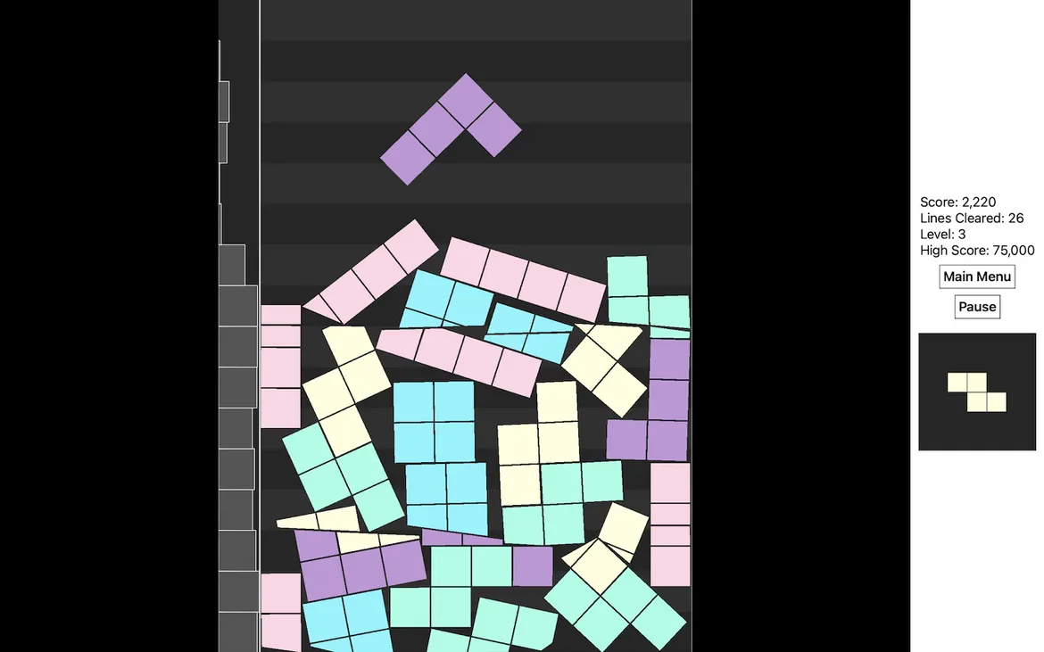 A game similar to Tetris with about ten rows of blocks on the board. The blocks do not align to the grid, and some of the blocks have been sliced into smaller pieces.