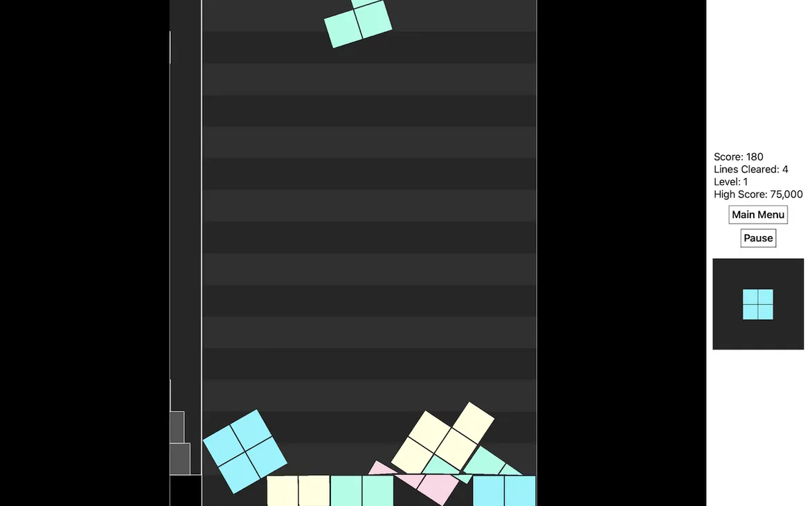 A game similar to Tetris with two rows of blocks on the board. The blocks do not align to the grid, and some of the blocks have been sliced into smaller pieces.