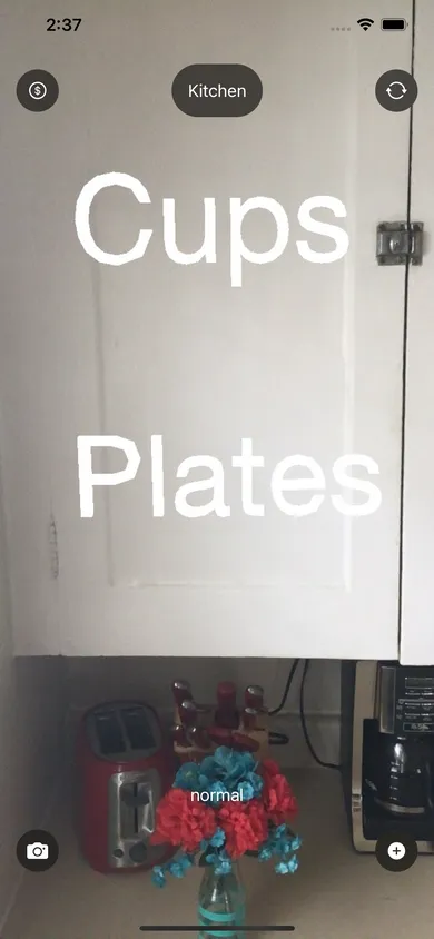 Floating in front of a kitchen cabinet, there is one label that says "cups" and a label that says "plates"